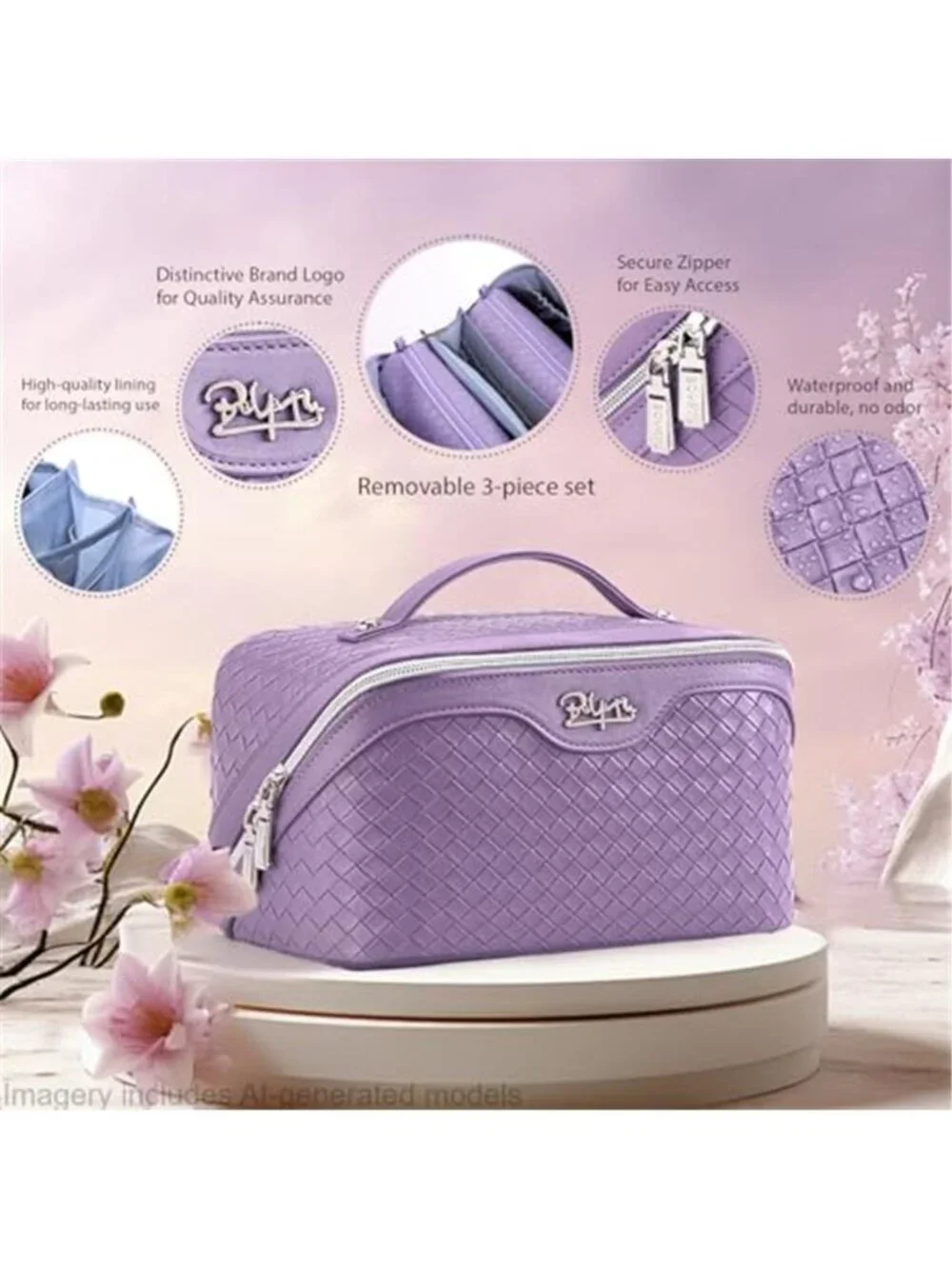 Large Capacity Travel Makeup Bag 3 Piece Set Cosmetic Toiletry Organizer Purple